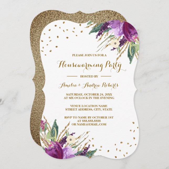 Watercolor Purple Gold Flower Housewarming Party Invitation (Front/Back)