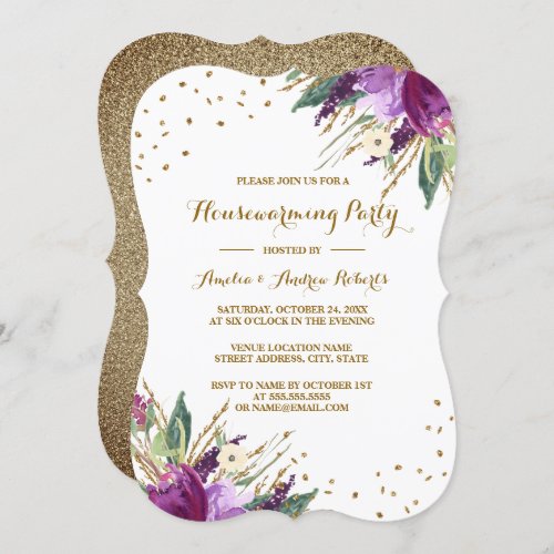 Watercolor Purple Gold Flower Housewarming Party Invitation
