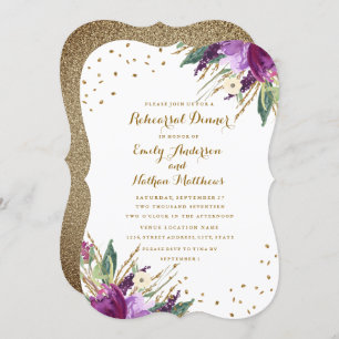 Watercolor Purple Gold Flower Rehearsal Dinner Invitation