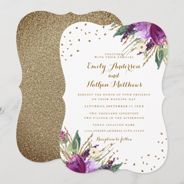 Watercolor Purple Gold Flower Wedding Invitation (Front/Back)