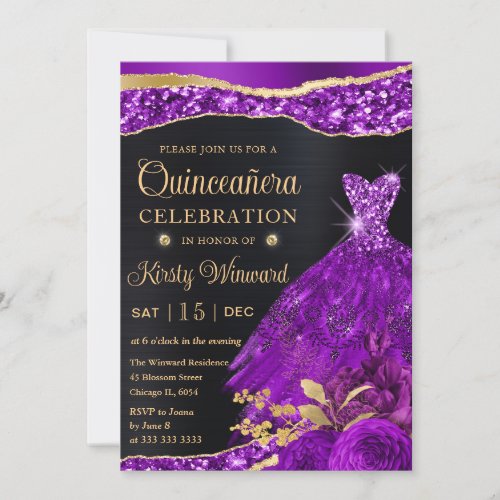 Watercolor Purple Gold Glitter Dress Quinceanera Invitation