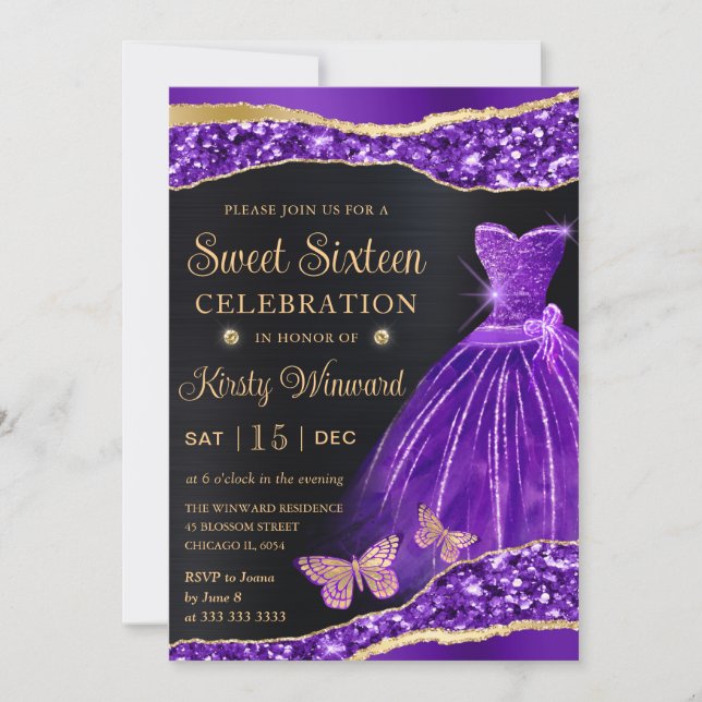Watercolor Purple Gold Glitter Dress Sweet Sixteen Invitation (Front)