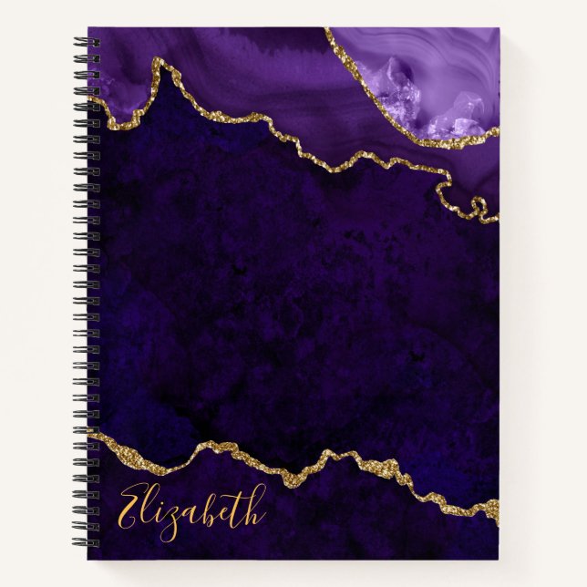 Watercolor Purple Gold Marble Agate Geode Notebook (Front)