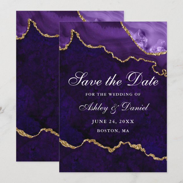 Watercolor Purple Gold Marble Agate Geode Save The Date (Front/Back)