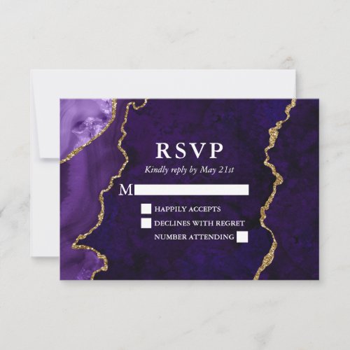 Watercolor Purple Gold Marble Agate Geode Wedding RSVP Card