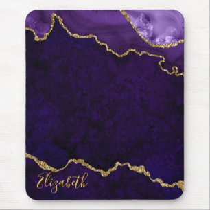 Watercolor Purple Gold Marble Geode Agate Mouse Pad