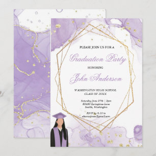Watercolor Purple Gold Marble Graduation Party Invitation