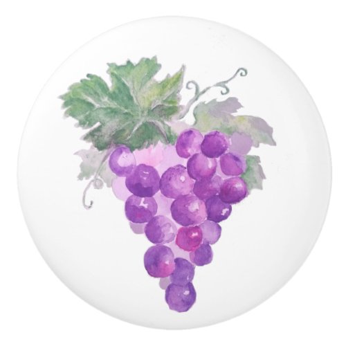Watercolor Purple Grape Cluster Art  Painting Ceramic Knob