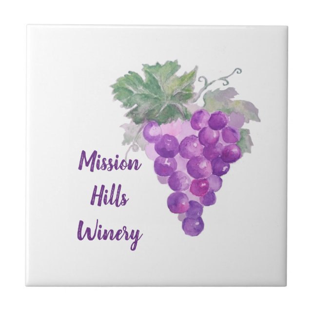 Watercolor Purple Grape Cluster Custom Winery Ceramic Tile (Front)