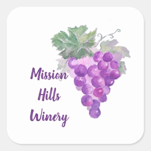 Watercolor Purple Grape Cluster Custom Winery Square Sticker