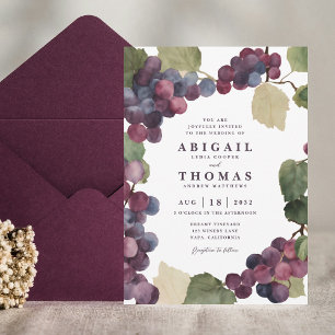 Watercolor Purple Grape Vine Vineyard Wedding Invitation
