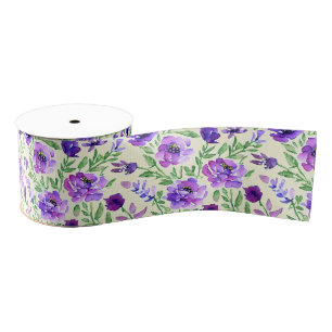 Watercolor Purple Green Floral French Country Grosgrain Ribbon