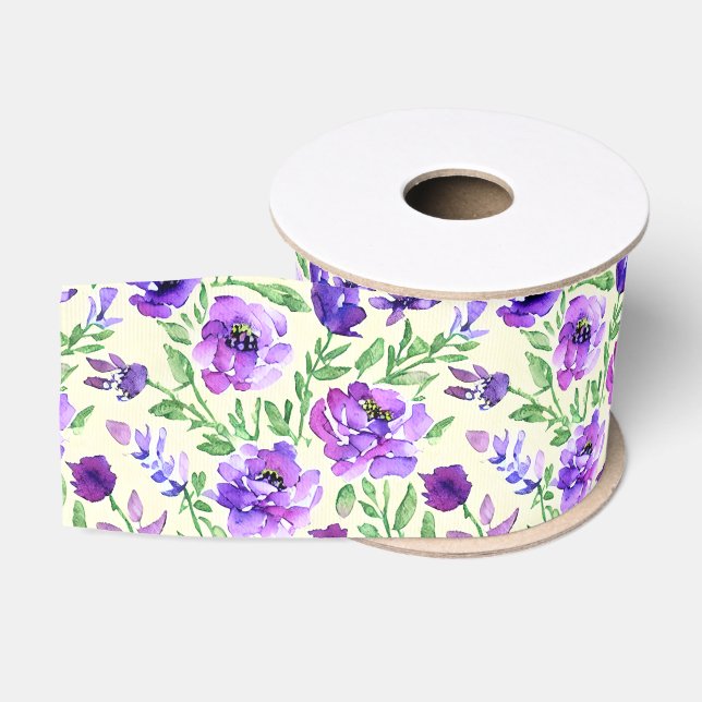 Watercolor Purple Green Floral French Country  Grosgrain Ribbon (Spool)