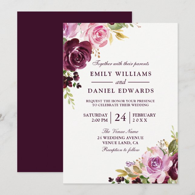 Watercolor Purple Green Leaf Wedding Invitation (Front/Back)