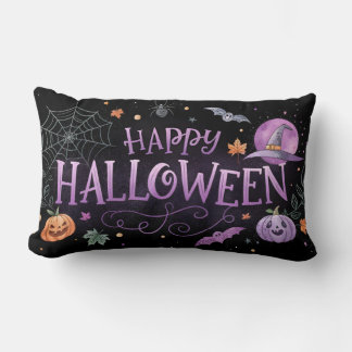 watercolor purple happy halloween lumbar pillow