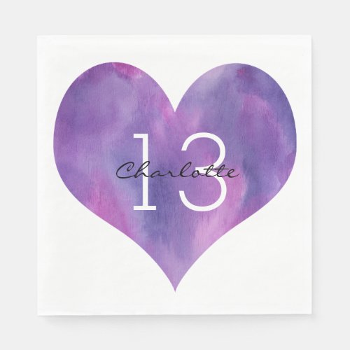 Watercolor Purple Heart 13th Birthday Napkins