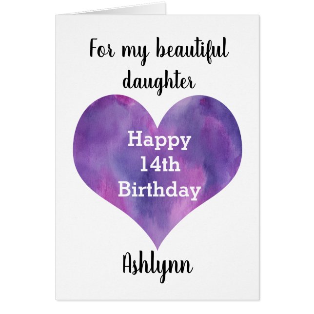 Watercolor Purple Heart 14th Birthday Daughter (Front)
