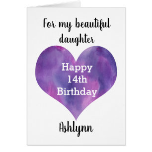 Watercolor Purple Heart 14th Birthday Daughter Cards