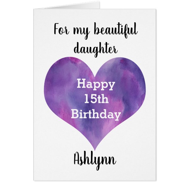 Watercolor Purple Heart 15th Birthday Daughter (Front)