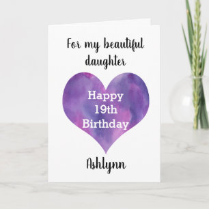 Watercolor Purple Heart 19th Birthday Daughter Card