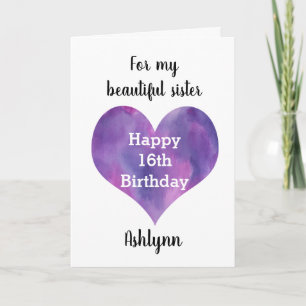 Watercolor Purple Heart Happy 16th Birthday Sister Card