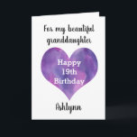 Watercolor Purple Heart Happy 19th Birthday Card<br><div class="desc">A watercolor purple heart featured on the front of this happy 19th birthday card for her,  which you can customize underneath with name. The inside birthday card message can also be personalized. This personalized 19th birthday card for her would make a great birthday keepsake.</div>