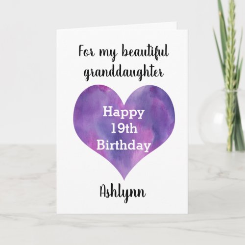 Watercolor Purple Heart Happy 19th Birthday Card