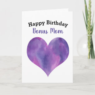 Watercolor Purple Heart Happy Birthday Bonus Mom Card