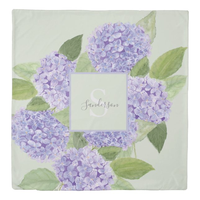 Watercolor Purple Hydrangea Botanical Duvet Cover (Front)