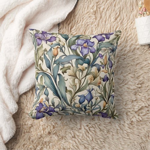 Watercolor Purple Iris Art Nouveau  Throw Pillow