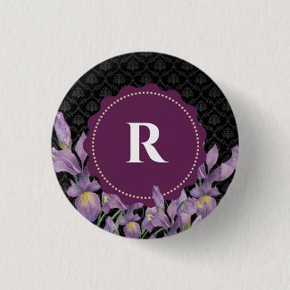Watercolor Purple Iris Black Damask Monogram
