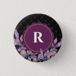 Watercolor Purple Iris Black Damask Monogram Button