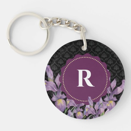 Watercolor Purple Iris Black Damask Monogram Keychain