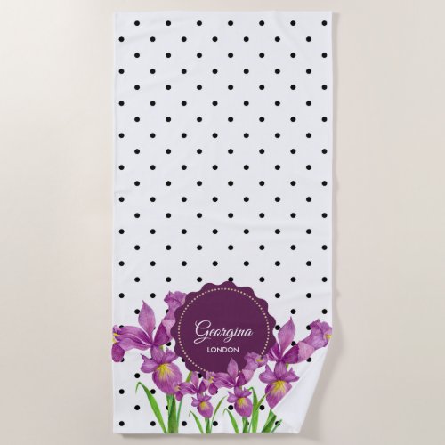 Watercolor Purple Iris Black White Polka Dots Beach Towel