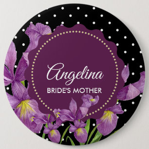 Watercolor Purple Iris Black White Polka Dots Button