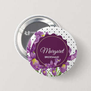 Watercolor Purple Iris Black White Polka Dots Button