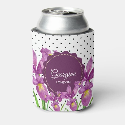 Watercolor Purple Iris Black White Polka Dots Can Cooler