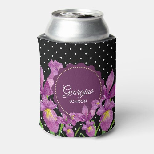 Watercolor Purple Iris Black White Polka Dots Can Cooler