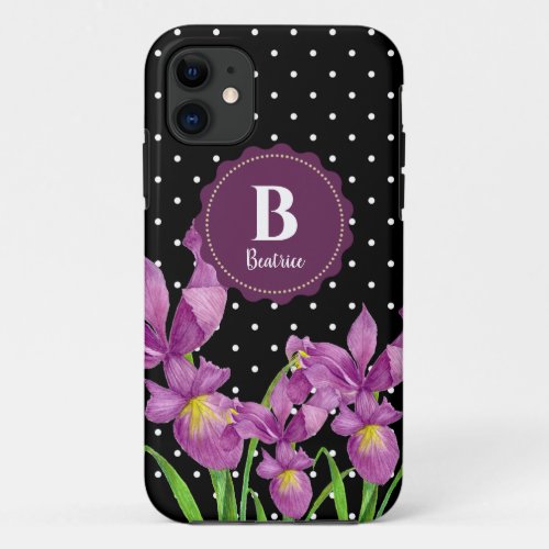 Watercolor Purple Iris Black White Polka Dots iPhone 11 Case