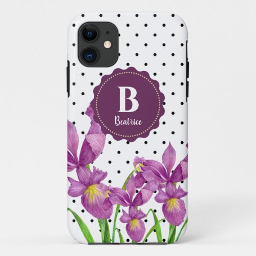 Watercolor Purple Iris Black White Polka Dots iPhone 11 Case