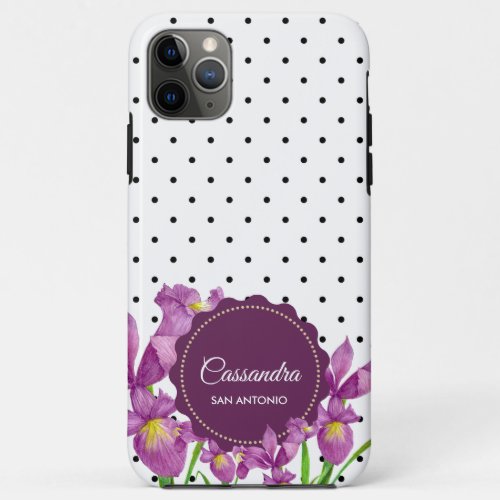 Watercolor Purple Iris Black White Polka Dots iPhone 11 Pro Max Case