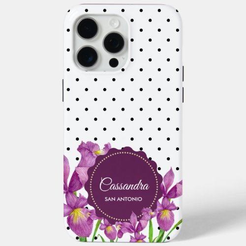 Watercolor Purple Iris Black White Polka Dots iPhone 15 Pro Max Case
