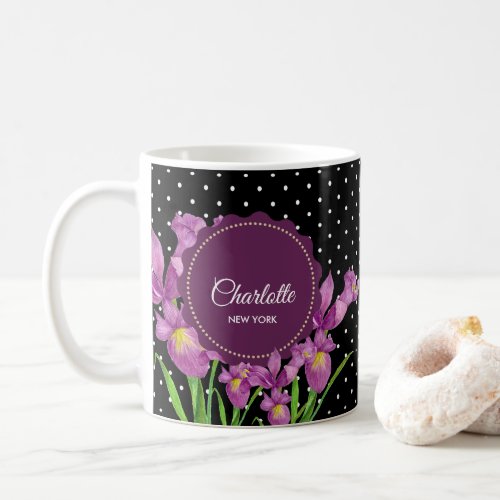 Watercolor Purple Iris Black White Polka Dots Coffee Mug