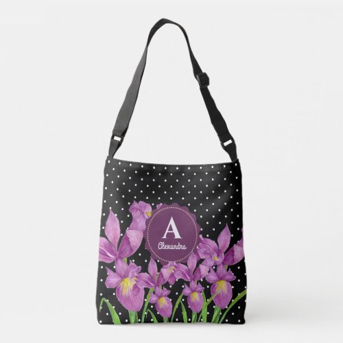 Watercolor Purple Iris Black White Polka Dots Crossbody Bag