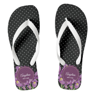 Watercolor Purple Iris Black White Polka Dots Flip Flops