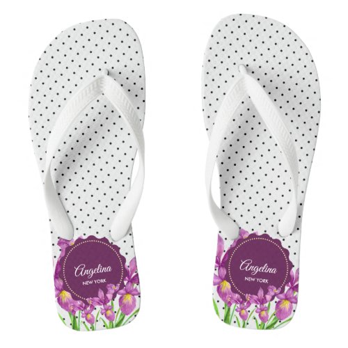 Watercolor Purple Iris Black White Polka Dots Flip Flops