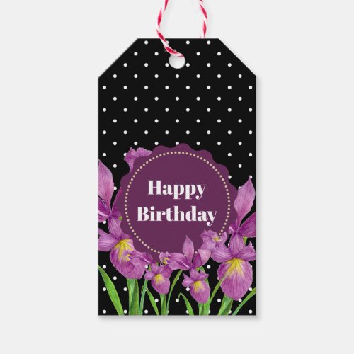 Watercolor Purple Iris Black White Polka Dots Gift Tags