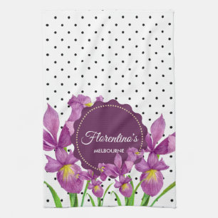 Watercolor Purple Iris Black White Polka Dots Kitchen Towel