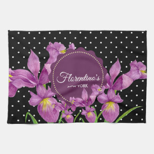 Watercolor Purple Iris Black White Polka Dots Kitchen Towel
