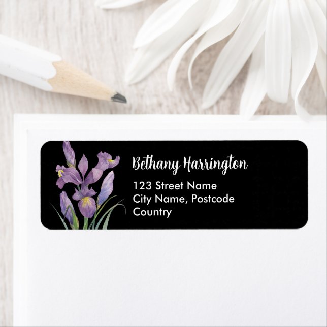 Watercolor Purple Iris Black White Polka Dots Label (Insitu)